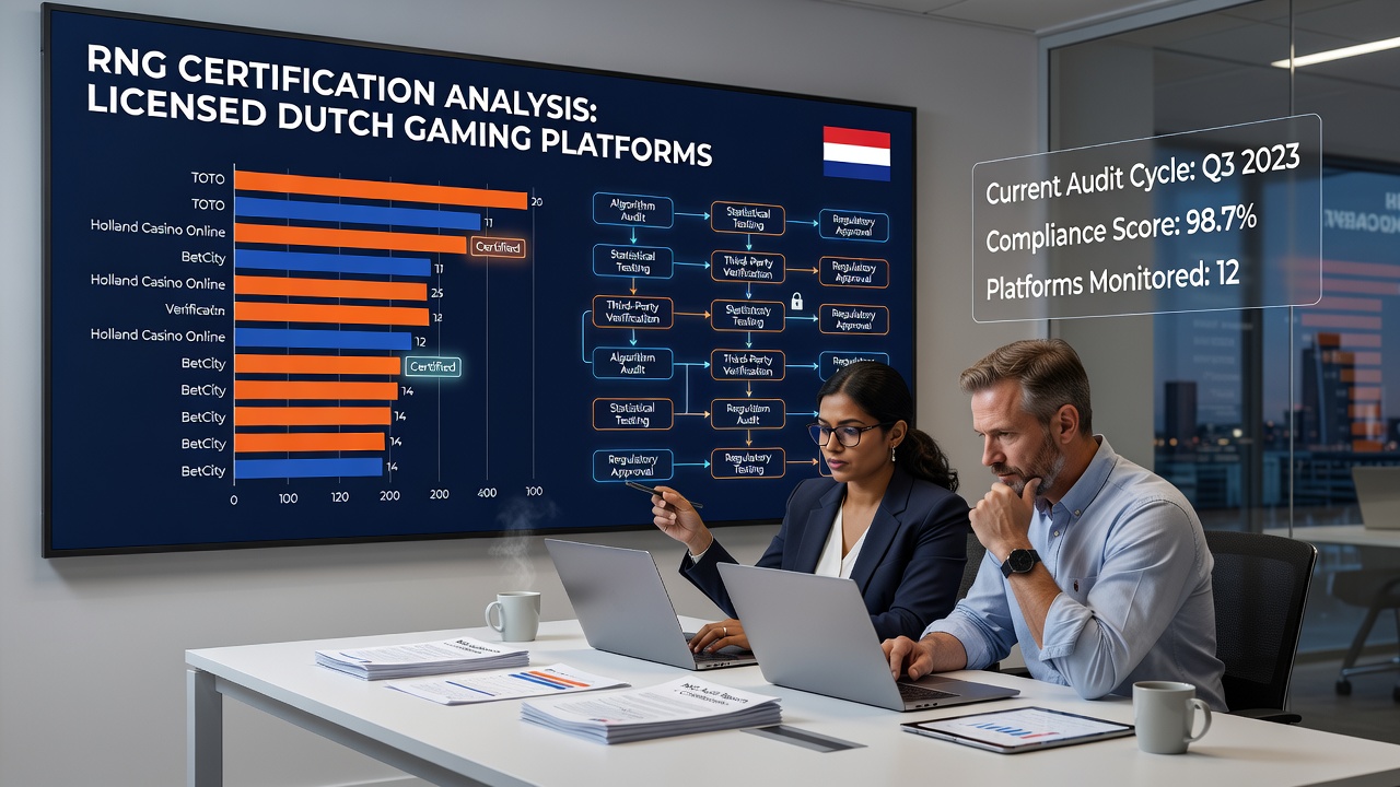 Technici die RNG-testresultaten analyseren op een Nederlands gamingplatform